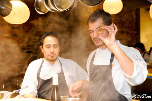 (R-L) Chef Rub&eacute;n Garc&iacute;a prepares a special 'Ferrero Rocher' bite with Chef Diego Caro.